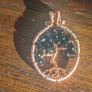 Tree of life copper pendant with black beads handcrafted